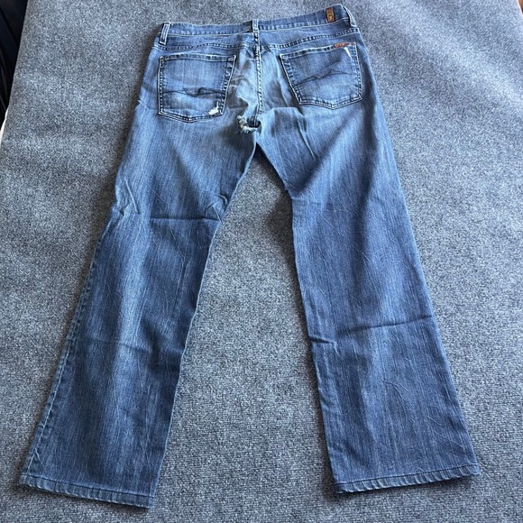 7 For All Mankind Austyn Relaxed Straight Jeans Mens 36x31 Blue Distressed Tear - Picture 5 of 9